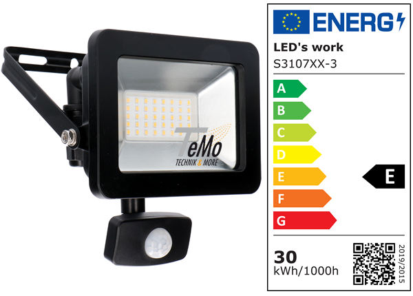 SHADA LED-Strahler Flutlichtstrahler 30W 3300lm 4000K IP44 - Sensor - Sanan LED - Schwarz, EEC: E (310714)